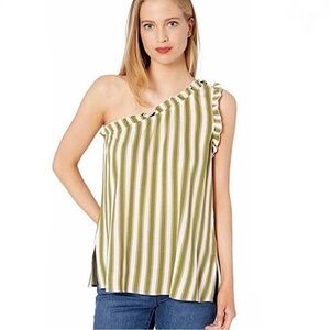 SHOW ME YOUR MUMU One Shoulder Striped Top with Ruffles in Iguana Green SZ S